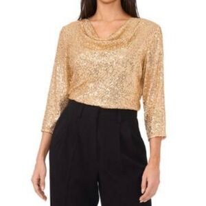 Vince Camuto Gold Sequin Draped Neck 3/4 Sleeve Top Size Medium